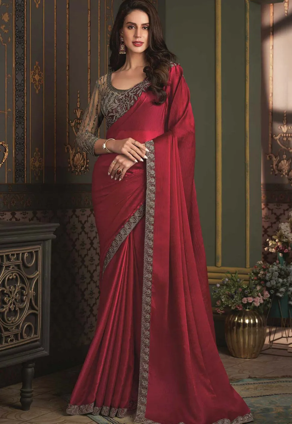 Embroidered Border Satin Silk Saree in Red