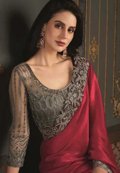 Embroidered Border Satin Silk Saree in Red