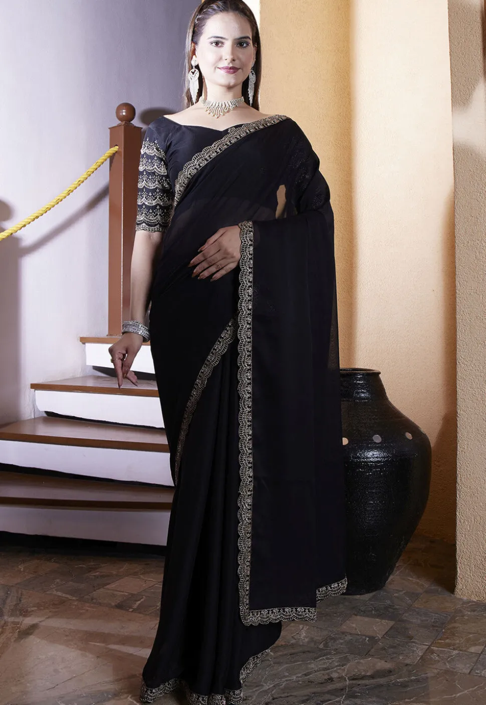 Embroidered Border Satin Georgette Scalloped Saree in Black