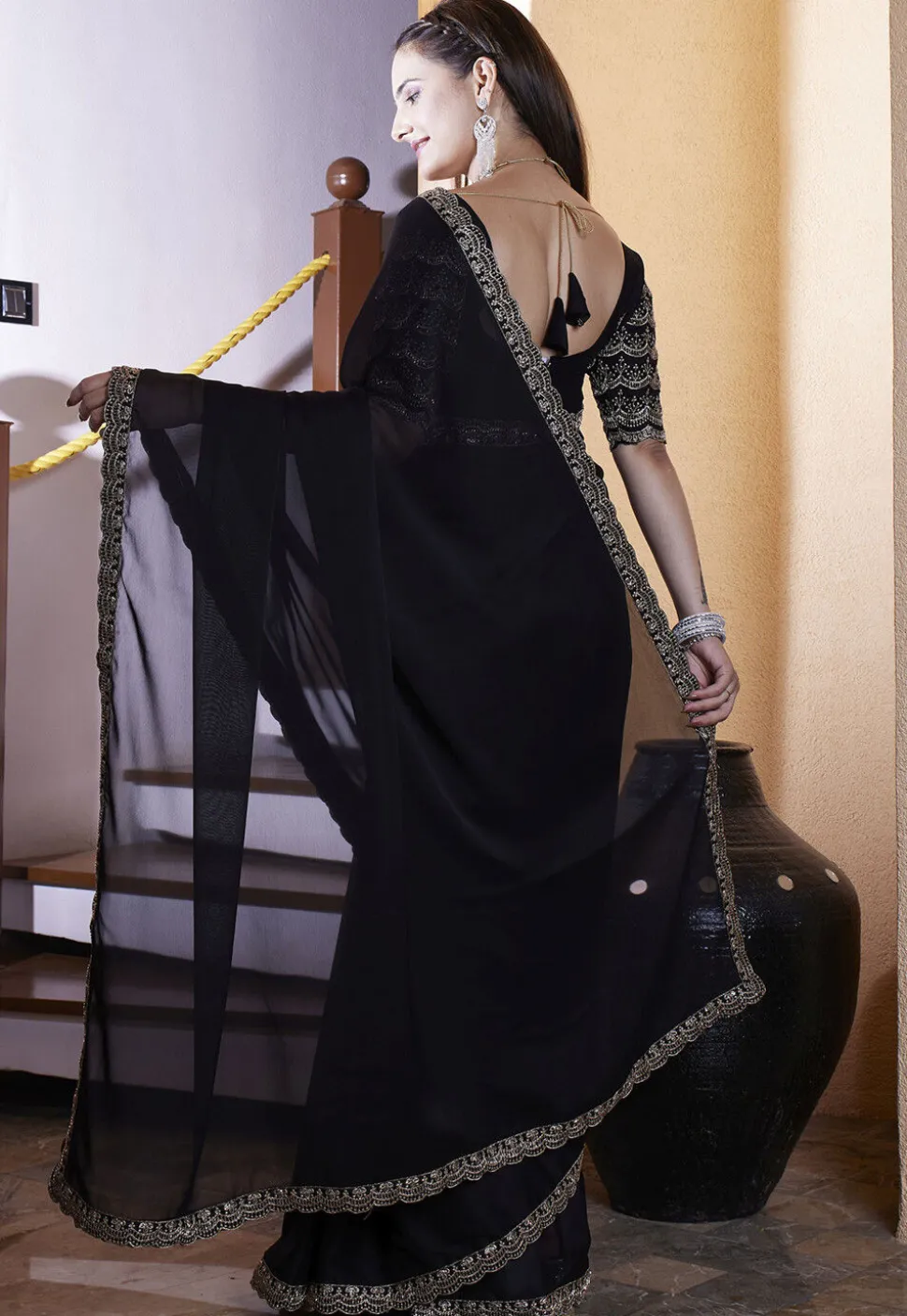 Embroidered Border Satin Georgette Scalloped Saree in Black