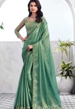 Embroidered Border Satin Chiffon Saree in Teal Green