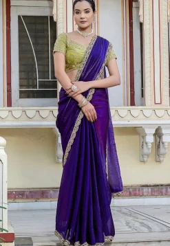 Embroidered Border Satin Georgette Scalloped Saree in Purple