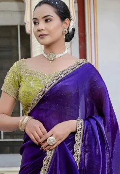 Embroidered Border Satin Georgette Scalloped Saree in Purple