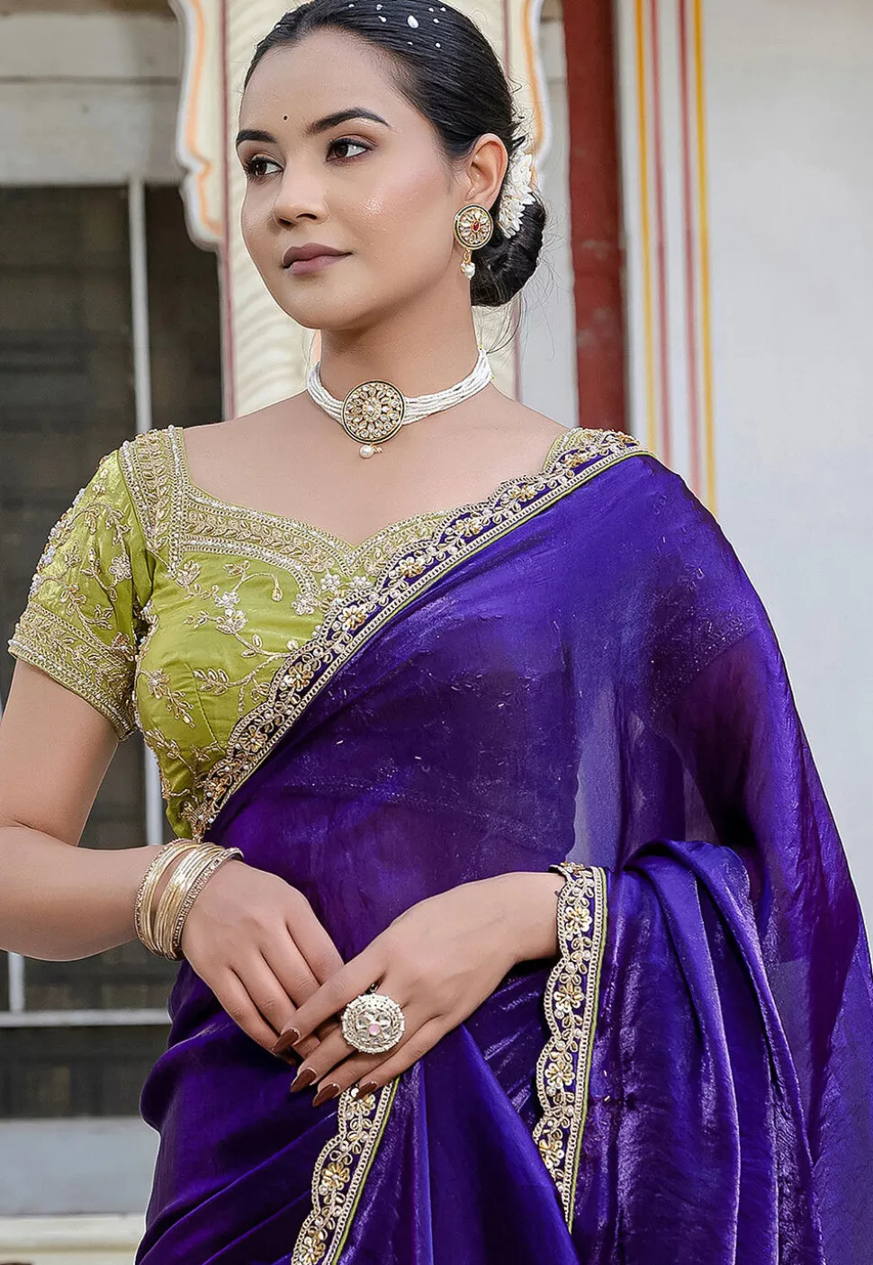Embroidered Border Satin Georgette Scalloped Saree in Purple