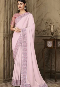 Embroidered Border Satin Saree in Baby Pink
