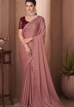 Embroidered Border Satin Chiffon Scalloped Saree in Pink