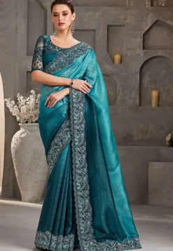 Embroidered Border Tissue Silk Saree in Teal Blue