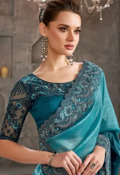 Embroidered Border Tissue Silk Saree in Teal Blue