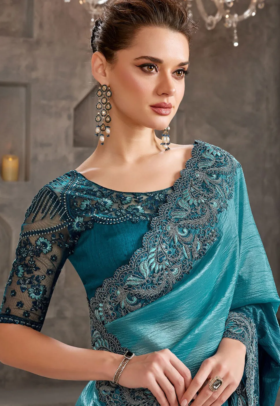 Embroidered Border Tissue Silk Saree in Teal Blue