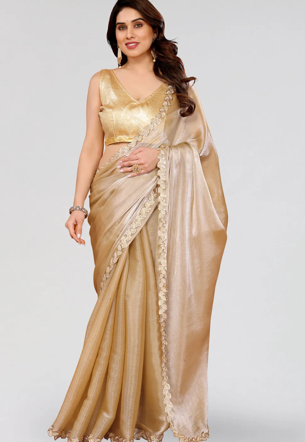 Embroidered Border Tissue Silk Saree in Beige