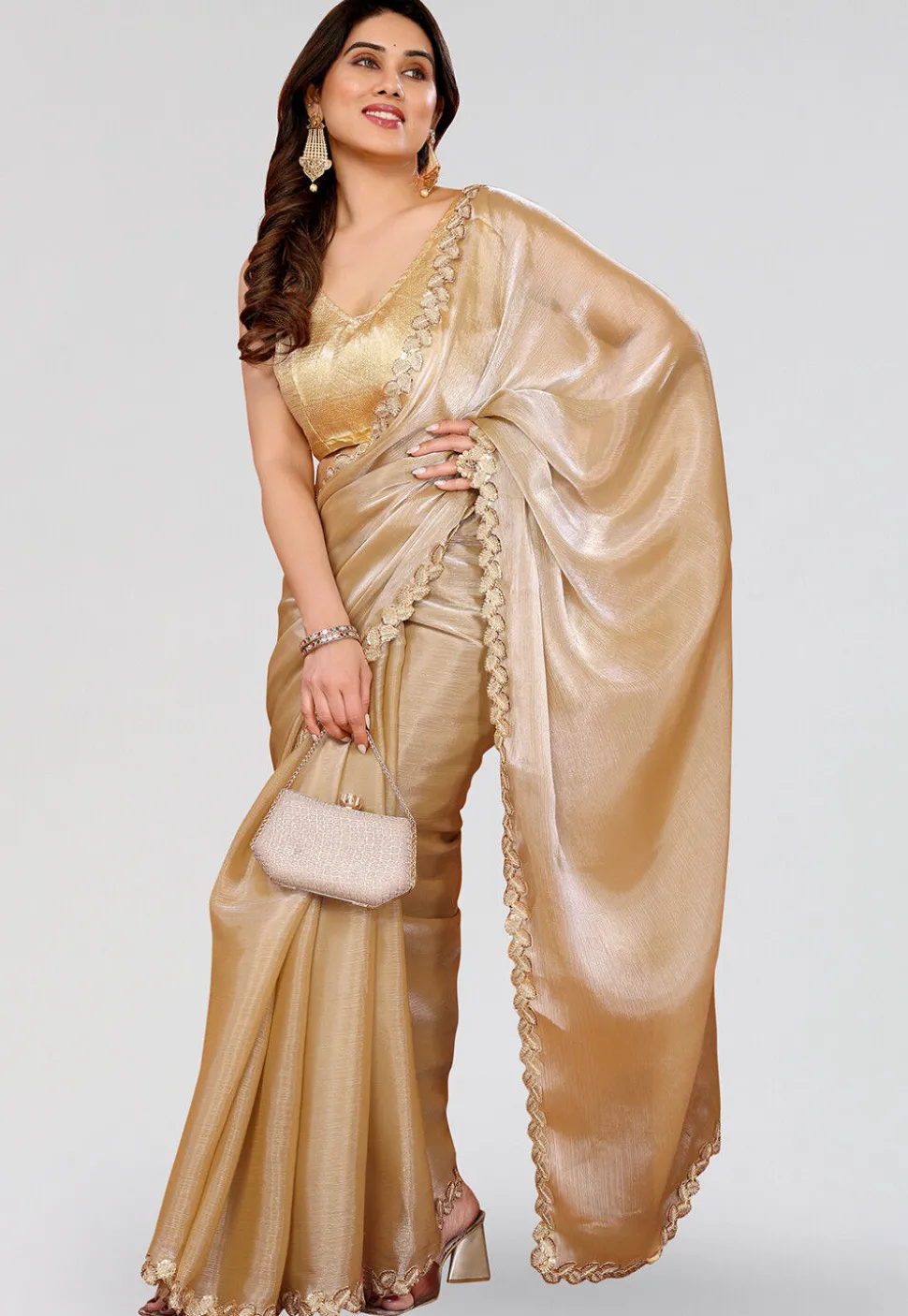 Embroidered Border Tissue Silk Saree in Beige