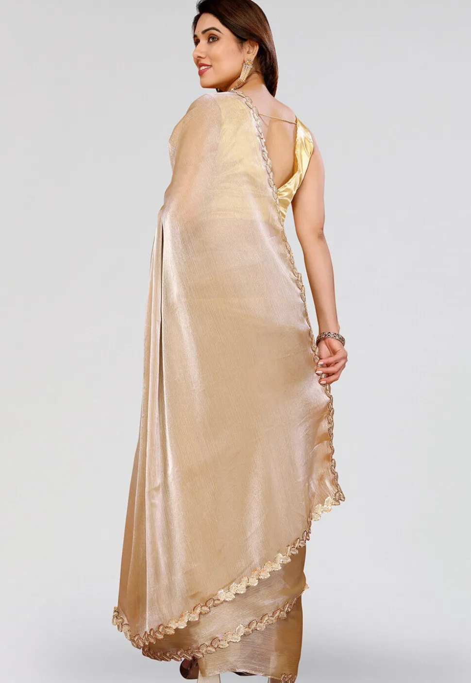 Embroidered Border Tissue Silk Saree in Beige