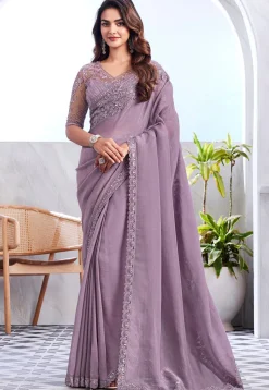Embroidered Border Tissue Saree in Light Purple