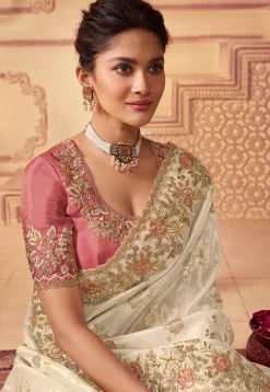 Embroidered Border Viscose Silk Scalloped Saree in Off White