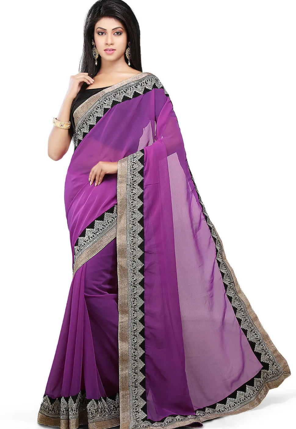 Embroidered Bordered Chiffon Saree in Purple
