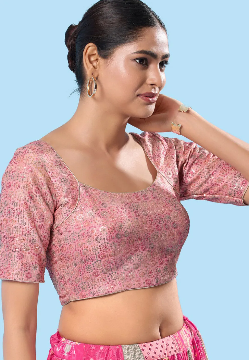 Embroidered Brocade Silk Blouse in Light Pink