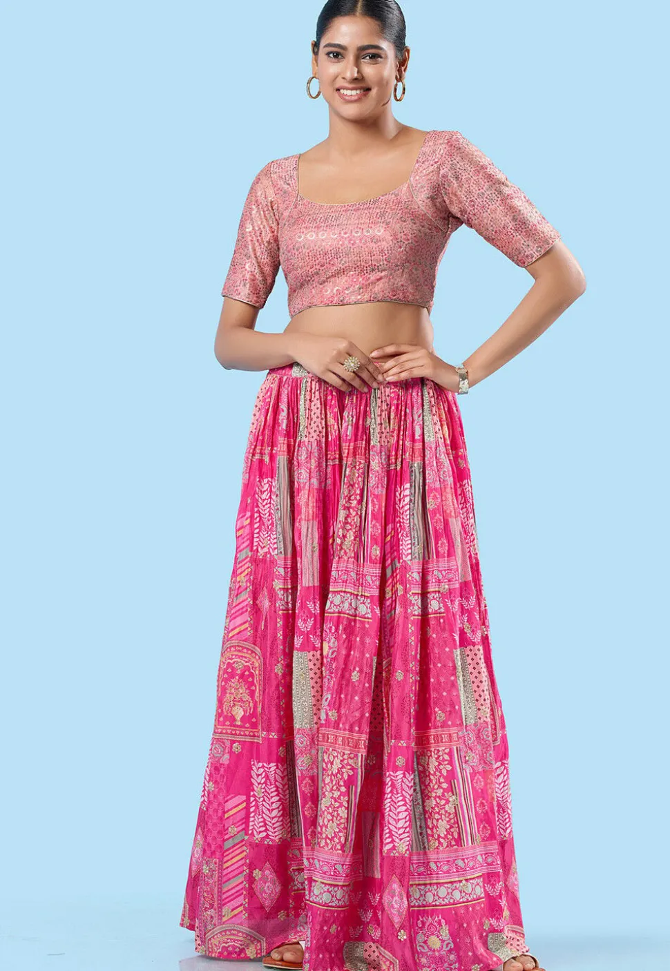Embroidered Brocade Silk Blouse in Light Pink