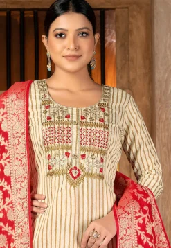 Embroidered Cambric Cotton Pakistani Suit in Beige