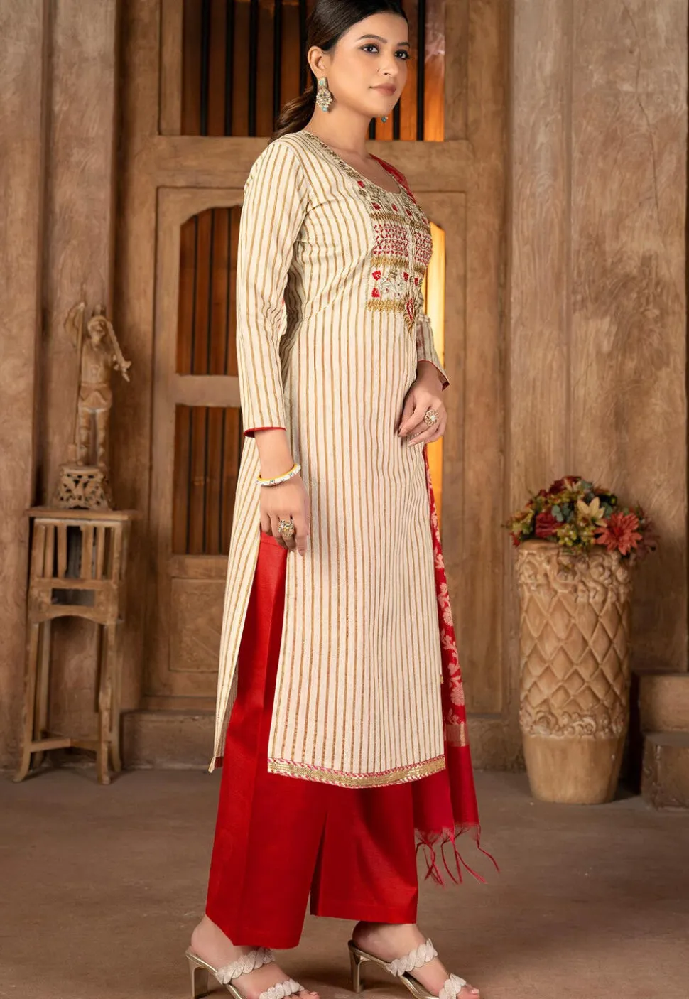 Embroidered Cambric Cotton Pakistani Suit in Beige