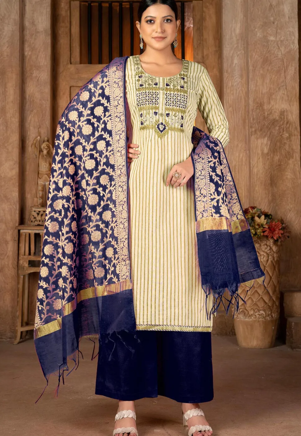 Embroidered Cambric Cotton Pakistani Suit in Beige
