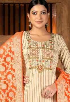 Embroidered Cambric Cotton Pakistani Suit in Beige