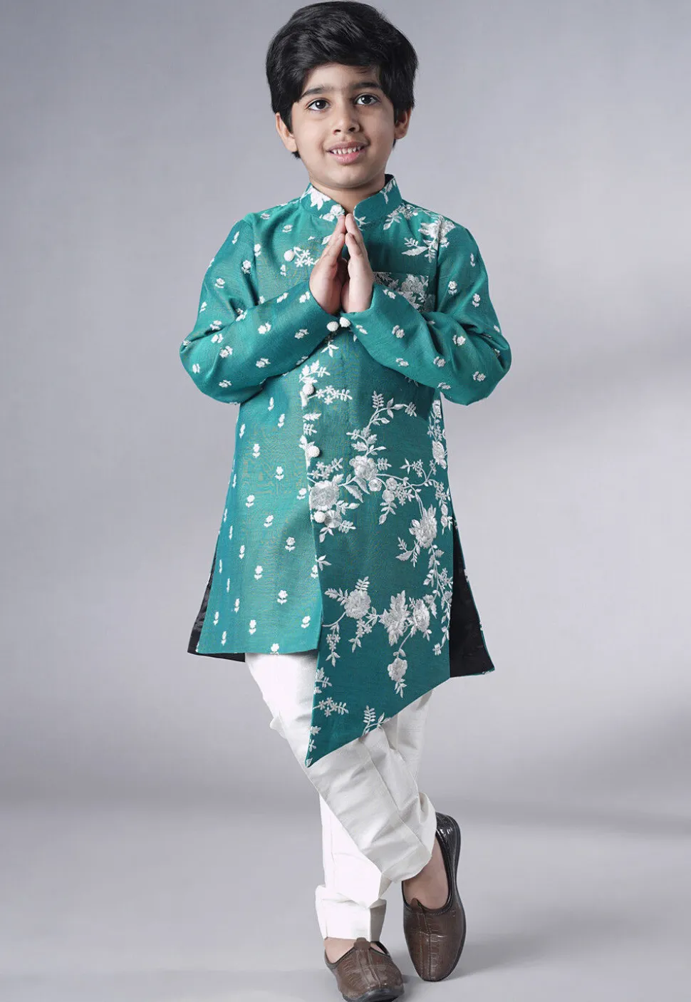 Embroidered Ch Sherwani Set in Teal Green