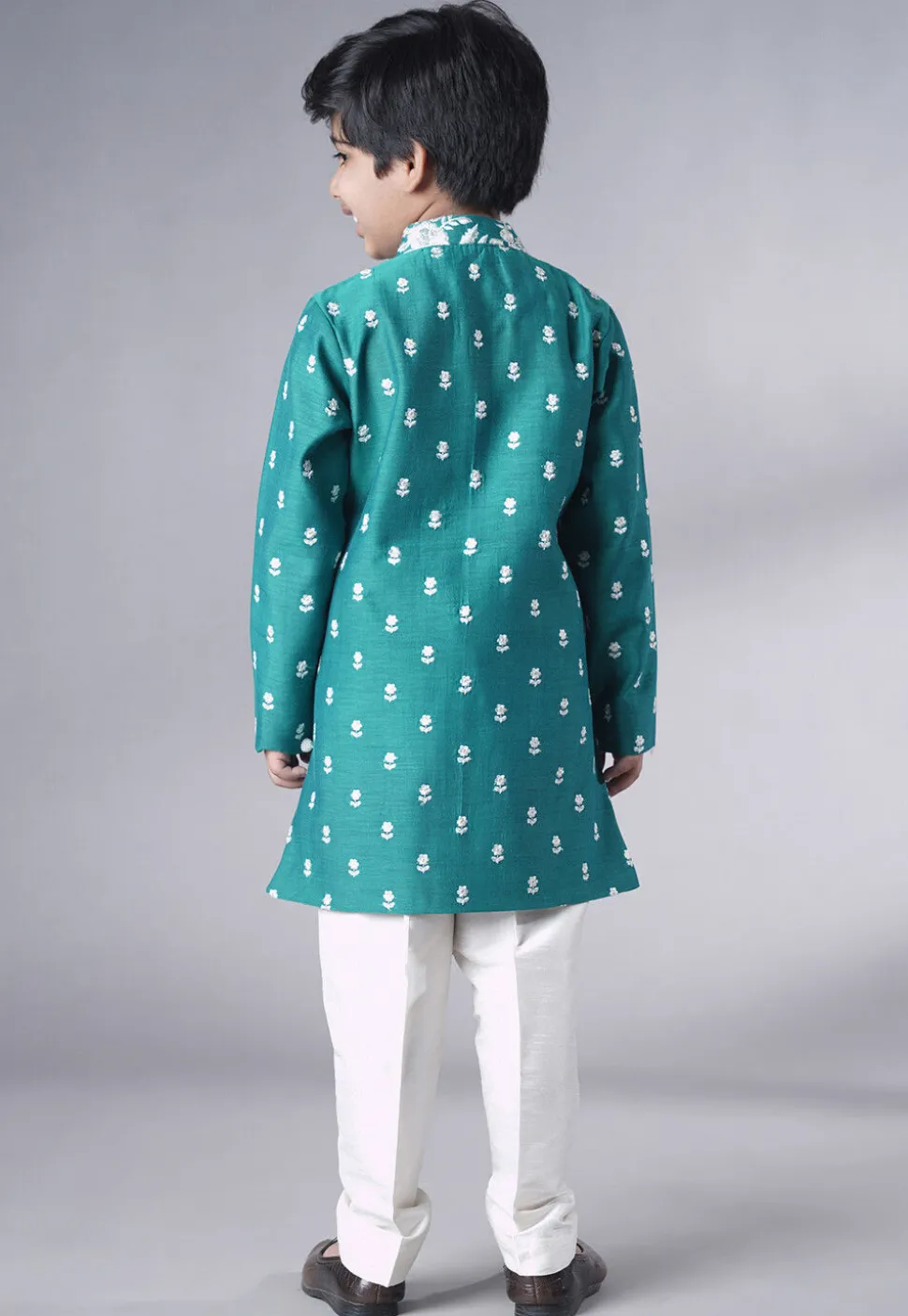 Embroidered Ch Sherwani Set in Teal Green