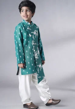 Embroidered Ch Sherwani Set in Teal Green