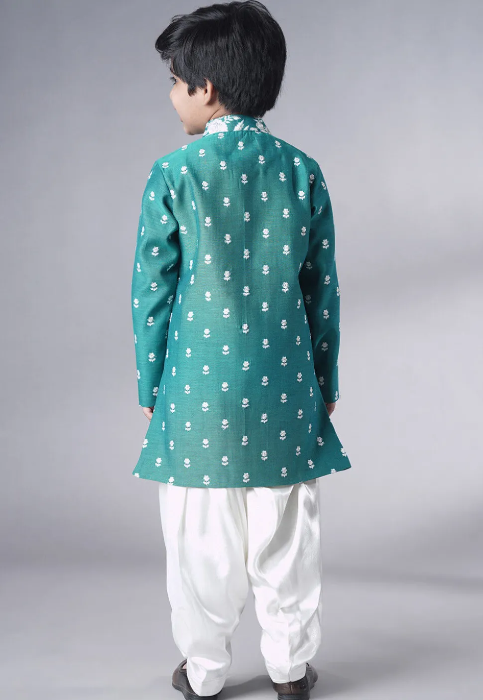 Embroidered Ch Sherwani Set in Teal Green