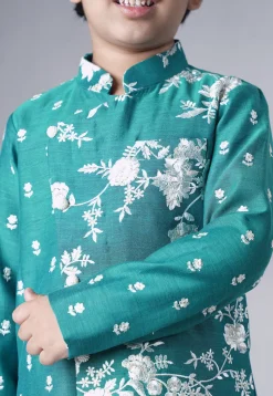 Embroidered Ch Sherwani Set in Teal Green