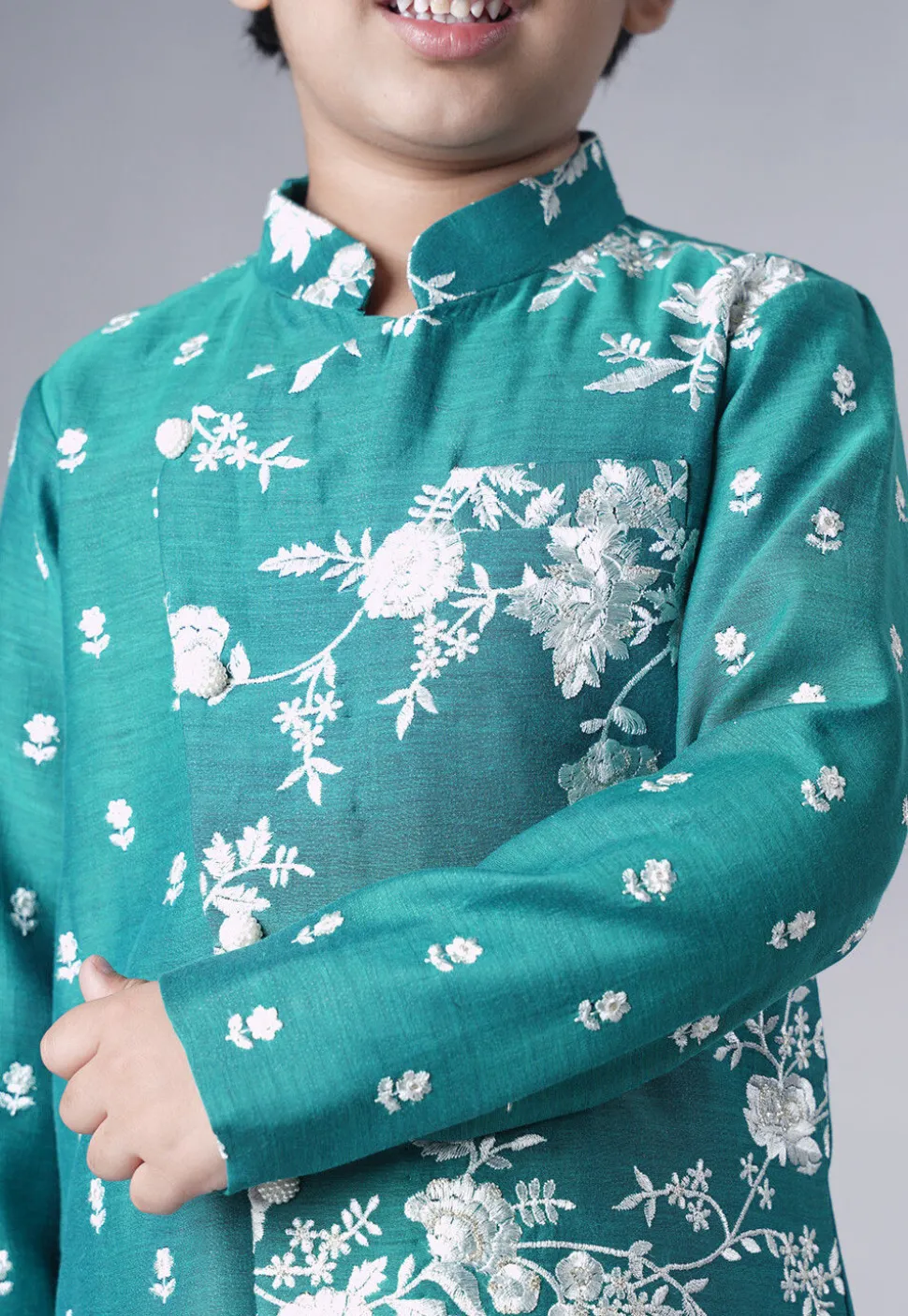 Embroidered Ch Sherwani Set in Teal Green