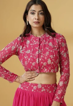 Embroidered Chanderi Cotton Crop Top Set in Fuchsia