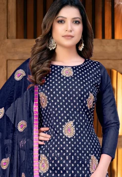 Embroidered Chanderi Cotton Pakistani Suit in Navy Blue