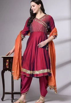 Embroidered Chanderi Cotton Aline Suit in Magenta