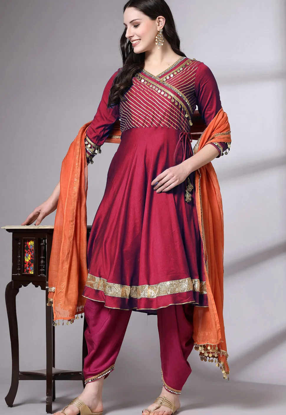 Embroidered Chanderi Cotton Aline Suit in Magenta