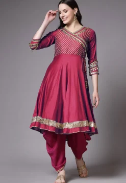 Embroidered Chanderi Cotton Aline Suit in Magenta
