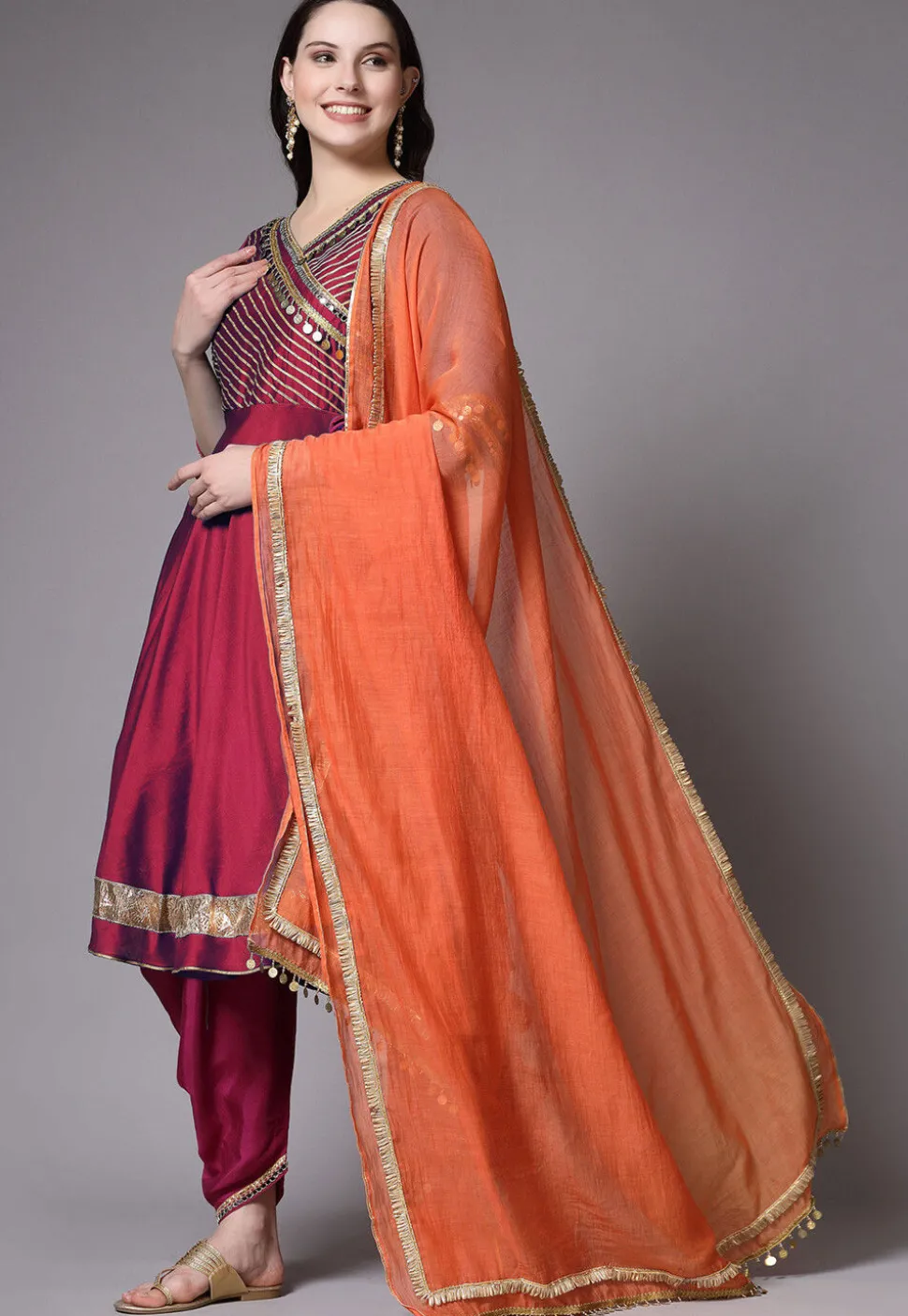 Embroidered Chanderi Cotton Aline Suit in Magenta