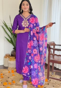 Embroidered Chanderi Cotton Pakistani Suit in Purple