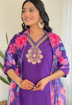 Embroidered Chanderi Cotton Pakistani Suit in Purple
