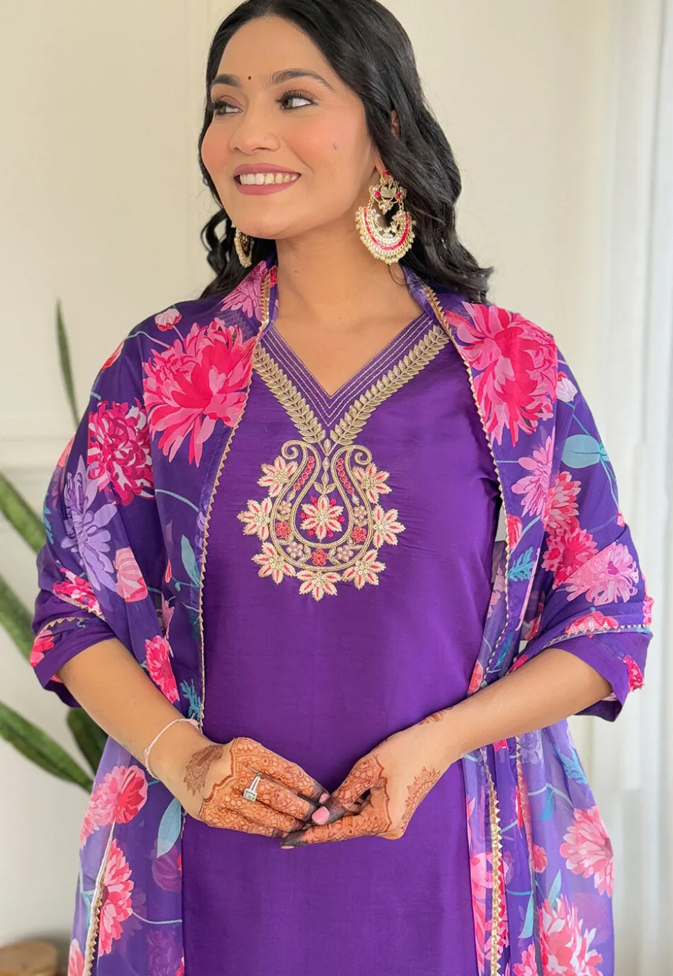 Embroidered Chanderi Cotton Pakistani Suit in Purple