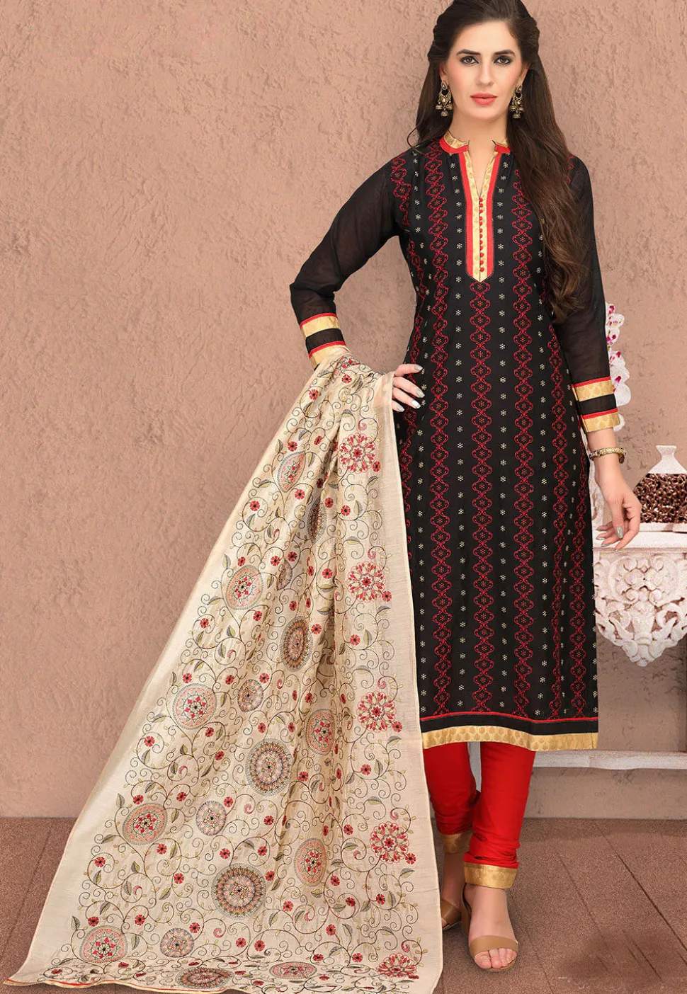 Embroidered Chanderi Cotton Straight Suit in Black