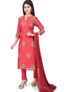 Embroidered Chanderi Cotton Straight Suit in Coral Red