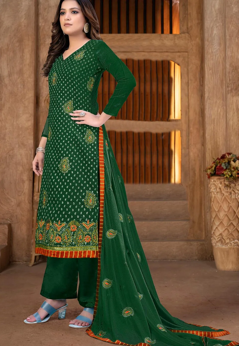 Embroidered Chanderi Cotton Pakistani Suit in Dark Green