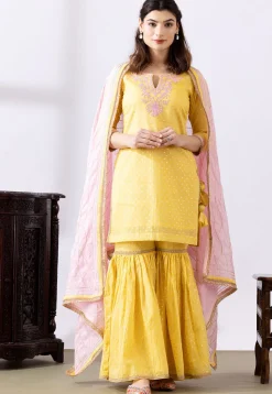 Embroidered Chanderi Cotton Pakistani Suit in Yellow