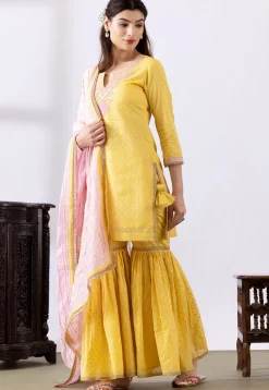 Embroidered Chanderi Cotton Pakistani Suit in Yellow