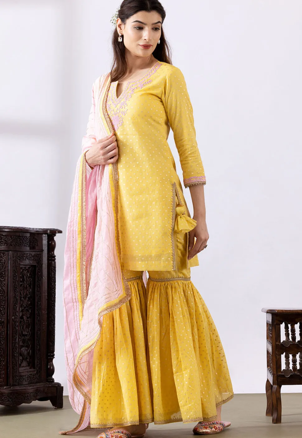Embroidered Chanderi Cotton Pakistani Suit in Yellow
