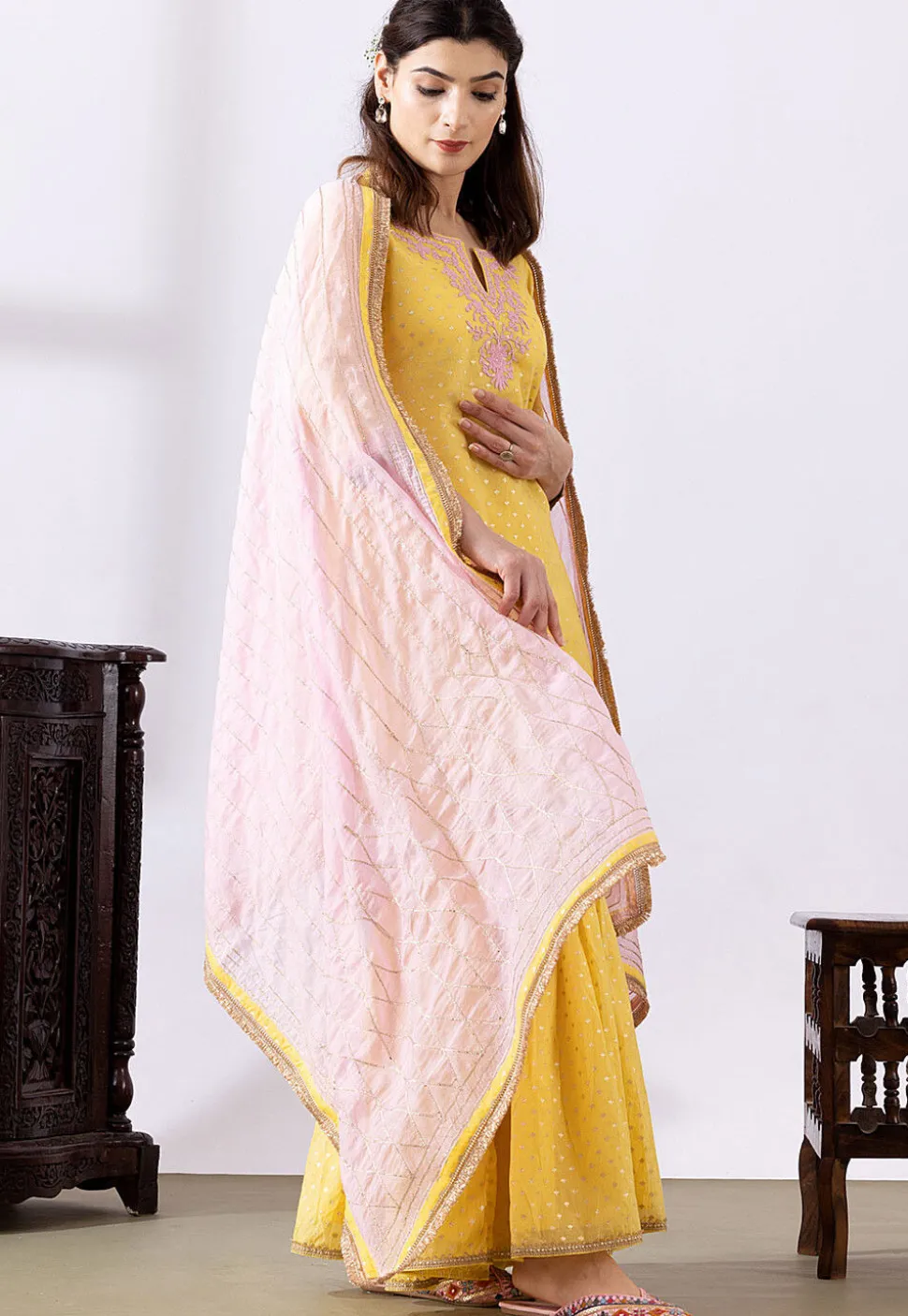 Embroidered Chanderi Cotton Pakistani Suit in Yellow