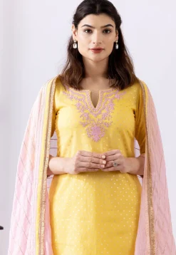 Embroidered Chanderi Cotton Pakistani Suit in Yellow
