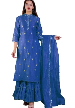 Embroidered Chanderi Cotton Pakistani Suit in Royal Blue