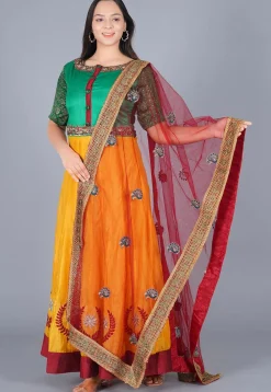 Embroidered Chanderi Cotton Abaya Style Suit in Green and Mustard